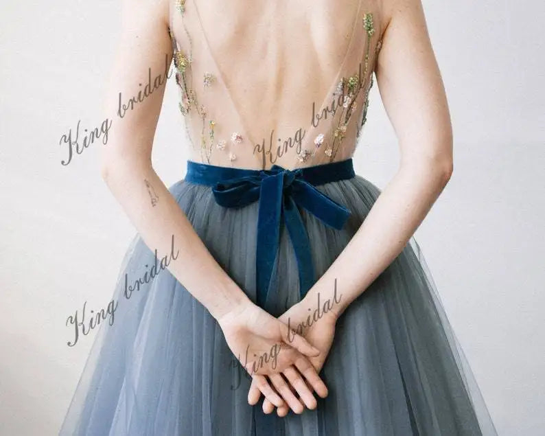 V-neck halter belt with bow Tulle bridal full dress, Bridal bow sash dress simple wedding dress bridal party evening dresses