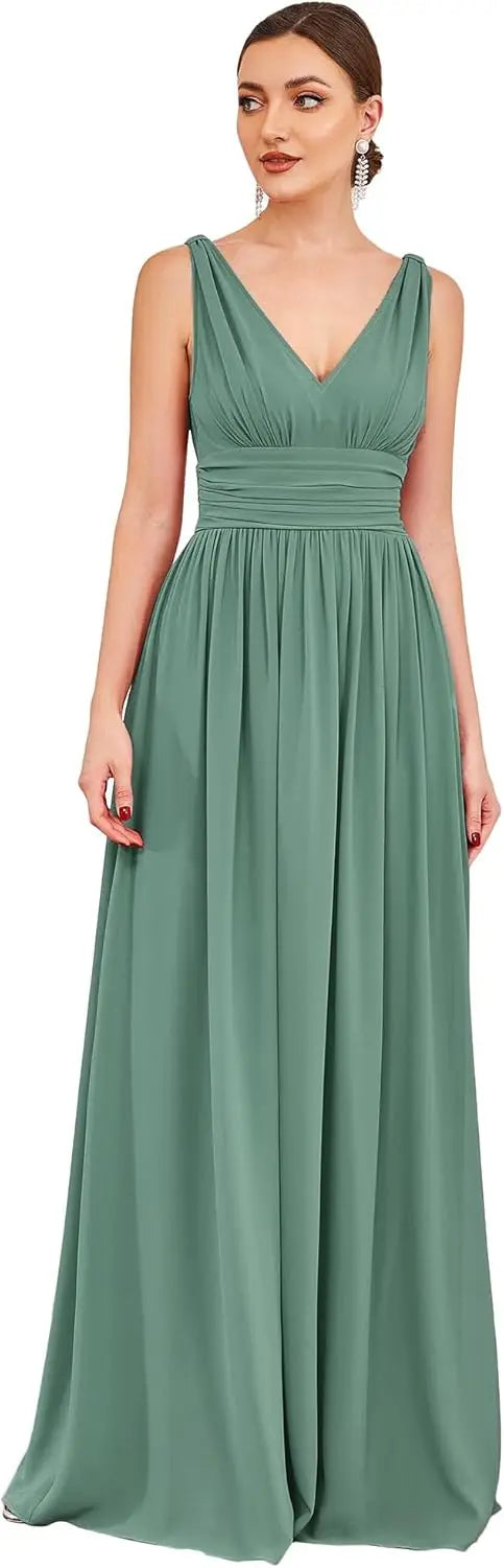 Womens Bridesmaid Dress V-Neck Sleeveless A Line Chiffon Floor Length Formal Dress wedding guest dress  ball gown