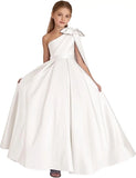 One-Shoulder-Satin-Blumenmädchenkleider, lange Festzugskleider für Mädchen, Ballkleid mit Schleife, Prinzessinnenkleid, Partykleider