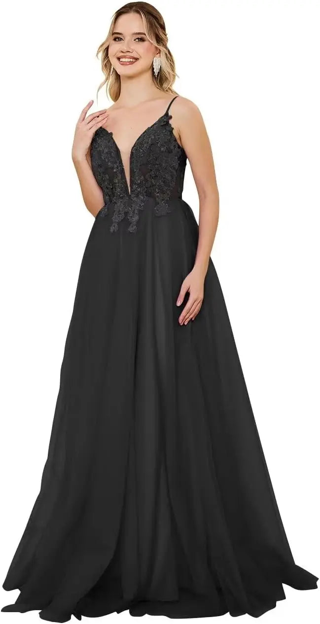 Vestidos de fiesta de tul con escote en V profundo para mujer, tirantes finos, apliques de encaje, vestidos de noche largos de corte A 