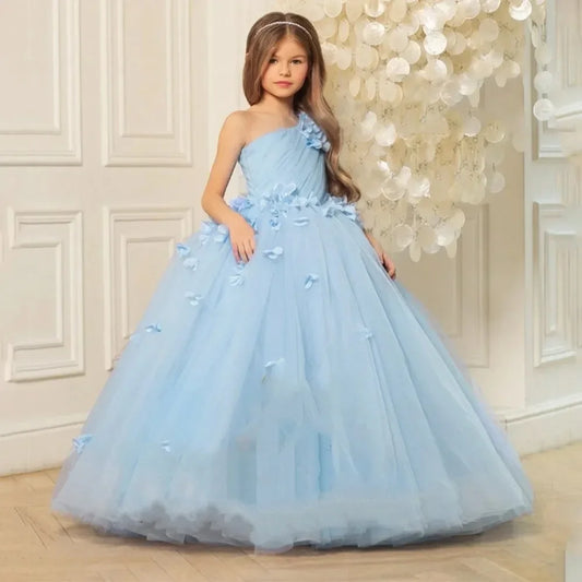 Vestido de primera comunión azul de un solo hombro para niña de las flores, para boda, floral 3D, largo hasta el suelo, para fiesta de cumpleaños infantil. 