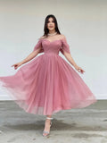 Tulle Sweetheart A-line Evening Dresses Off the Shoulder Tea-Length Formal Dress With Pleats & Bow Elegant Lace Up Prom Gowns