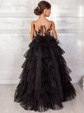 Vestido de fiesta de cumpleaños para niña, sin mangas, con apliques de encaje en capas, para primera comunión, color negro, para boda 