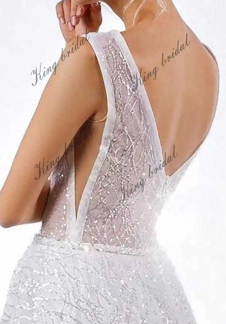 Vestido de novia de encaje con lentejuelas y espalda descubierta, escote en V profundo, tul bordado con cristales y perlas, vestido de novia personalizado 