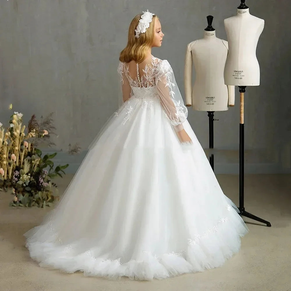 First Communion Gowns Customized White Flower Girl Dresses Pageant Gown for Wedding Lace Floor Length Princess Birthday Party