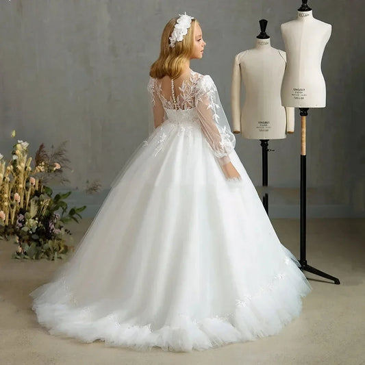 Vestidos de Primera Comunión Personalizados, Vestidos de Niña de las Flores Blancos, Vestido de Desfile para Boda, Encaje, Largo hasta el Suelo, Princesa, Fiesta de Cumpleaños 