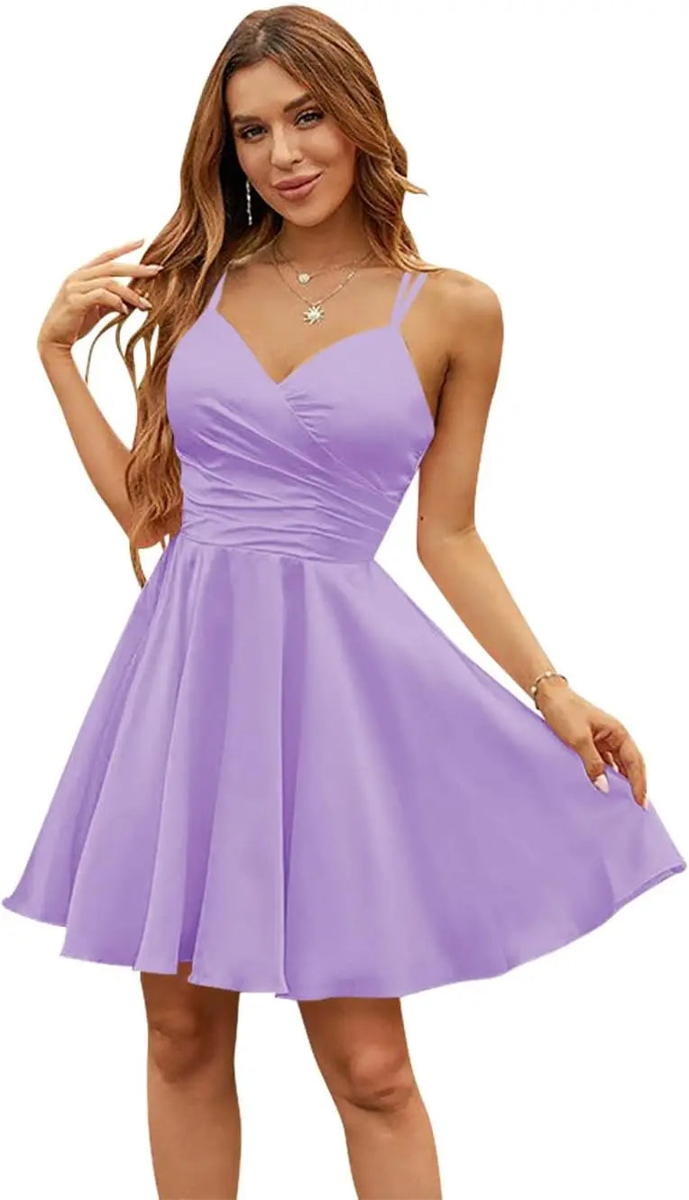 Vestidos de satén con escote en V para adolescentes, vestidos cortos de fiesta de graduación, tirantes finos, vestidos de cóctel con bolsillos, vestidos de dama de honor 