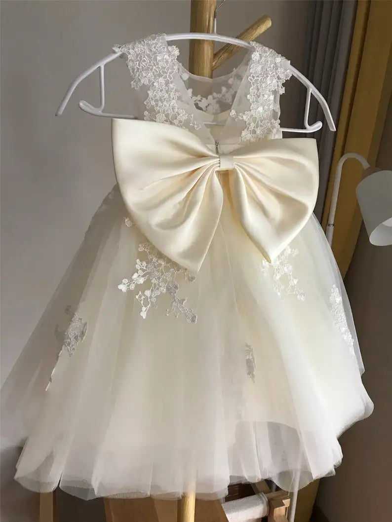 Ivory Lace tulle flower girl dress, illusion birthday girl dress with lace applique girls party dress  princess dress