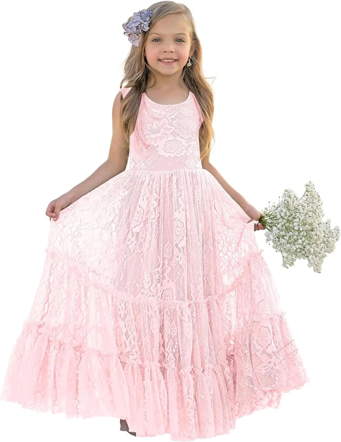 Blumenmädchenkleid Spitze Boho Kleinkindkleider Rüschen Mädchenkleid für Hochzeit Gartenparty Urlaub Kommunion Ärmellos Prinzessin 