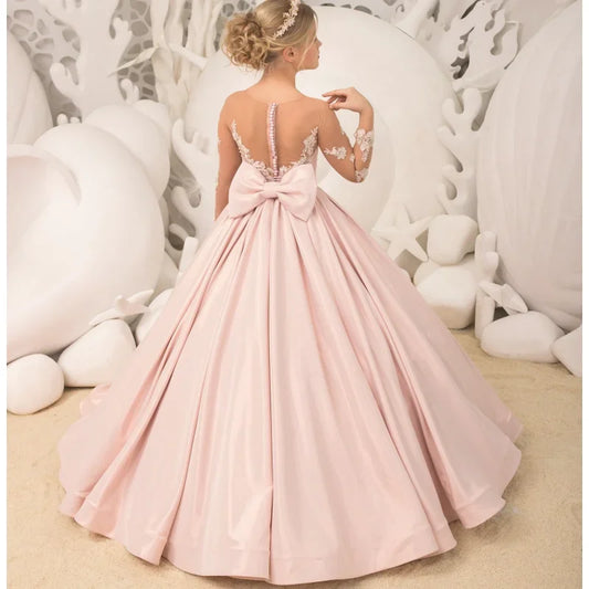 Vestidos de niña de las flores personalizados con estampado floral blanco y satén rosa con lazo de manga larga para bodas, fiestas de cumpleaños y banquetes. 