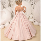 Vestidos de niña de las flores personalizados con estampado floral blanco y satén rosa con lazo de manga larga para bodas, fiestas de cumpleaños y banquetes. 