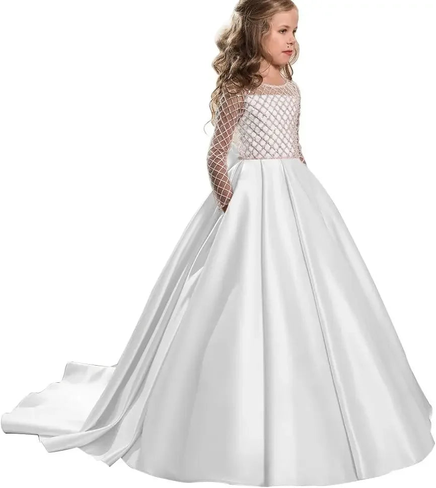 Ball With Bow Satin Floor Length Girl Kids Birthday Party First Holy Communion Gowns Elegant Flower Girl Dresses for Wedding