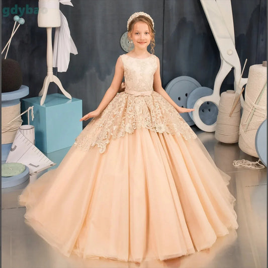 Apliques de encaje hasta el suelo para niña, fiesta de cumpleaños, primera comunión, vestido personalizado para niña de las flores para boda 