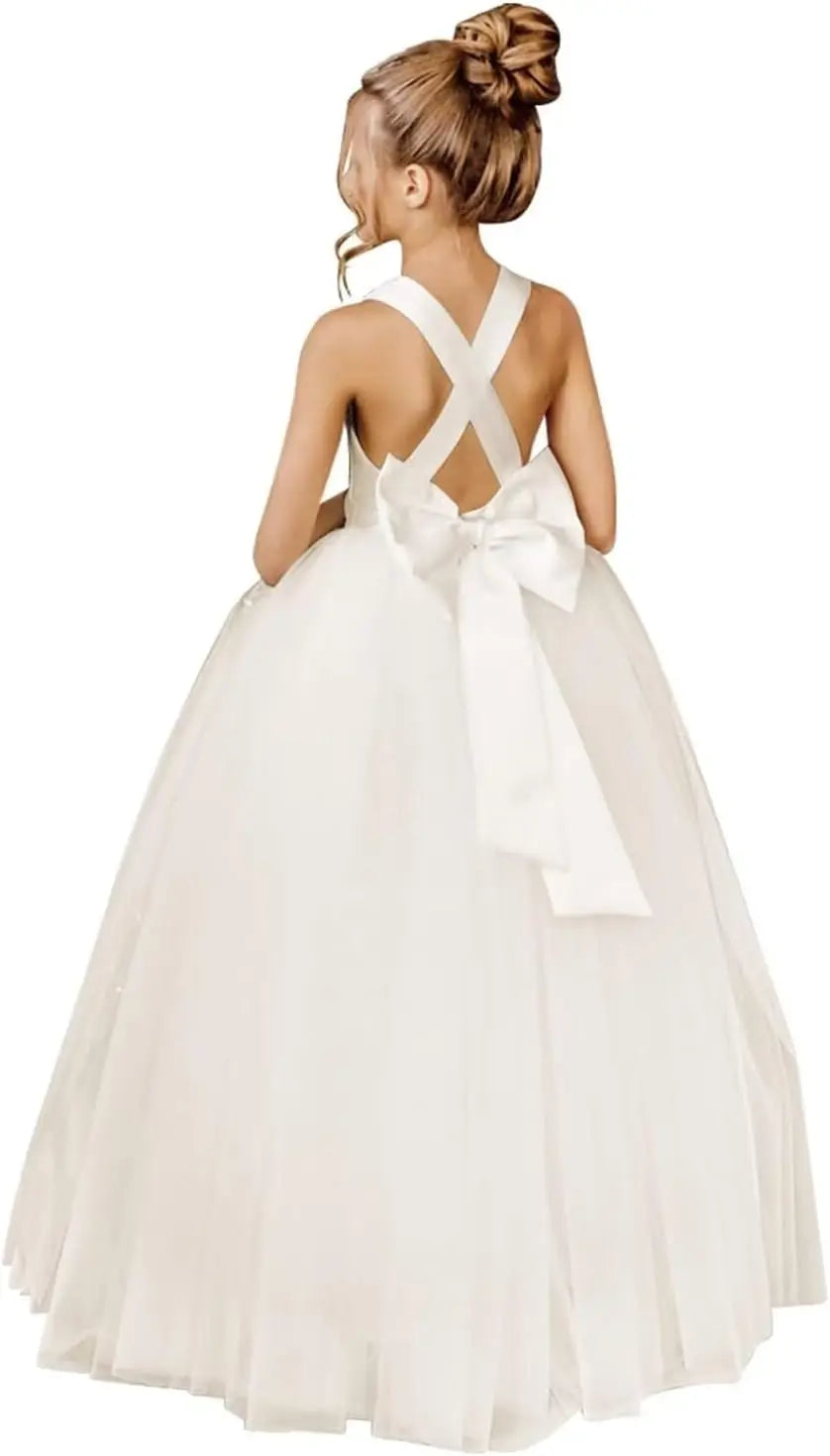 Crossed Straps Flower Girl Dress Satin Long Prom Dress with Bow Puffy Tulle Pageant Dresses for Girls princess dress