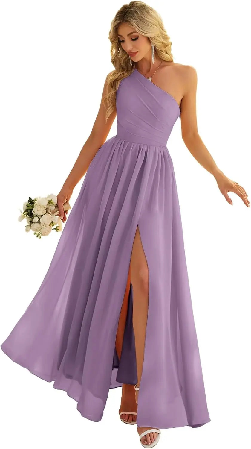 Women's One Shoulder Bridesmaid Dresses for Wedding Chiffon Side Split Reched Formal Evening Dress Sleeveless