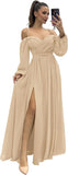Vestido de dama de honor de manga larga para mujer, con tirantes finos, para invitada de boda, con abertura y bolsillos, vestido formal fruncido. 