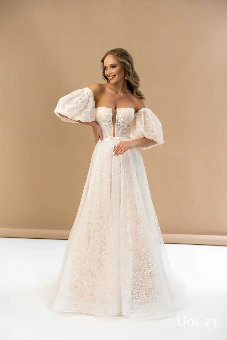 Spitze besticktes Hochzeitskleid Laternenärmel Kleider Nude Boho Brautkleid Korsett Custom Hochzeitskleid schlichtes Brautkleid 