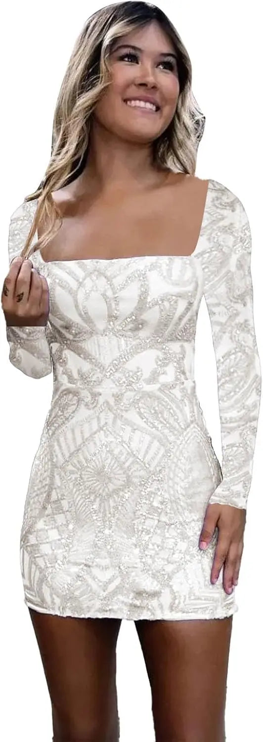 Vestidos de fiesta de manga larga con lentejuelas y encaje para mujer, cortos, ajustados, brillantes, con escote cuadrado, para cóctel o fiesta. 