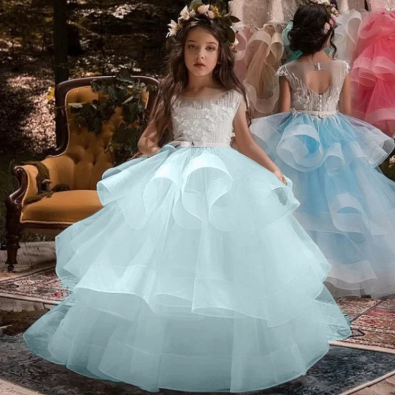 Vestidos de tul rosa con apliques blancos escalonados y sin mangas para bodas, fiestas de cumpleaños, primera comunión y niñas de las flores. 