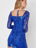 Vestidos de fiesta de manga larga con lentejuelas y encaje para mujer, cortos, ajustados, brillantes, con escote cuadrado, para cóctel o fiesta. 