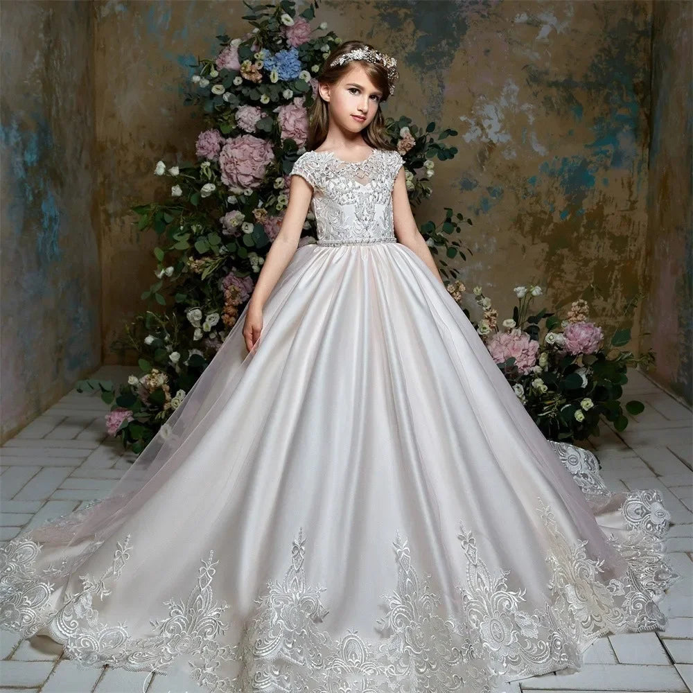 Baby Kids Birthday Party First Communion Dress Pageant Gowns White Flower Girl Dress For Wedding Satin Sequins Princess