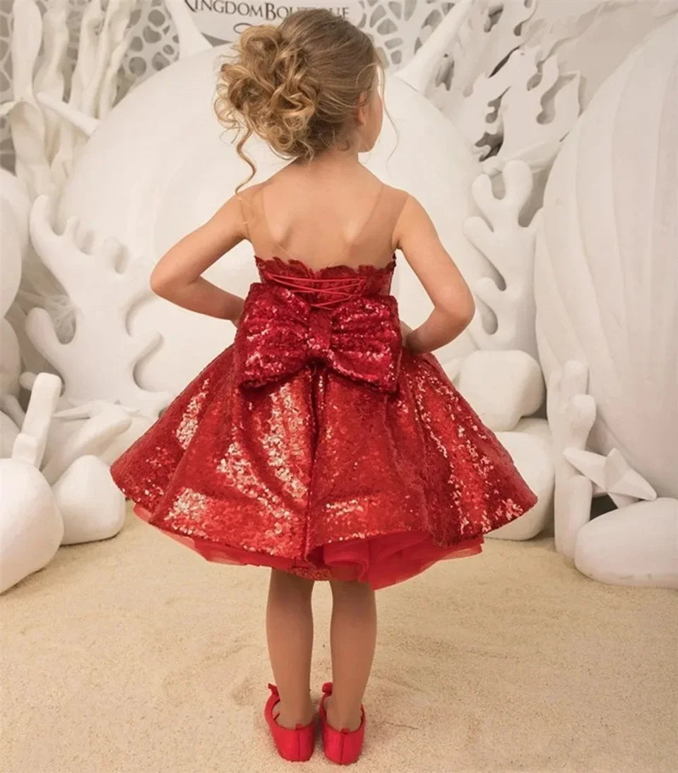 Vestido rojo de primera comunión con lazo y lentejuelas brillantes, cuello redondo, para fiesta de cumpleaños de niña, para boda 