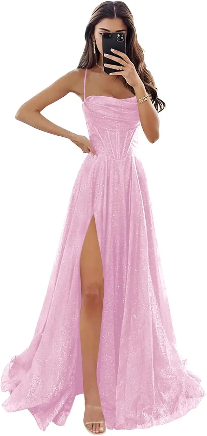 Damen Spaghettiträger Glitzer Tüll Ballkleider mit Schlitz Wasserfallausschnitt Langes formelles Abendkleid Partykleid 