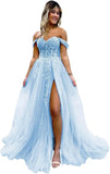 Vestido de fiesta de tul con hombros descubiertos, abertura, apliques de encaje brillante, corsé, vestido formal de fiesta de noche, vestidos de fiesta para mujer, noche 