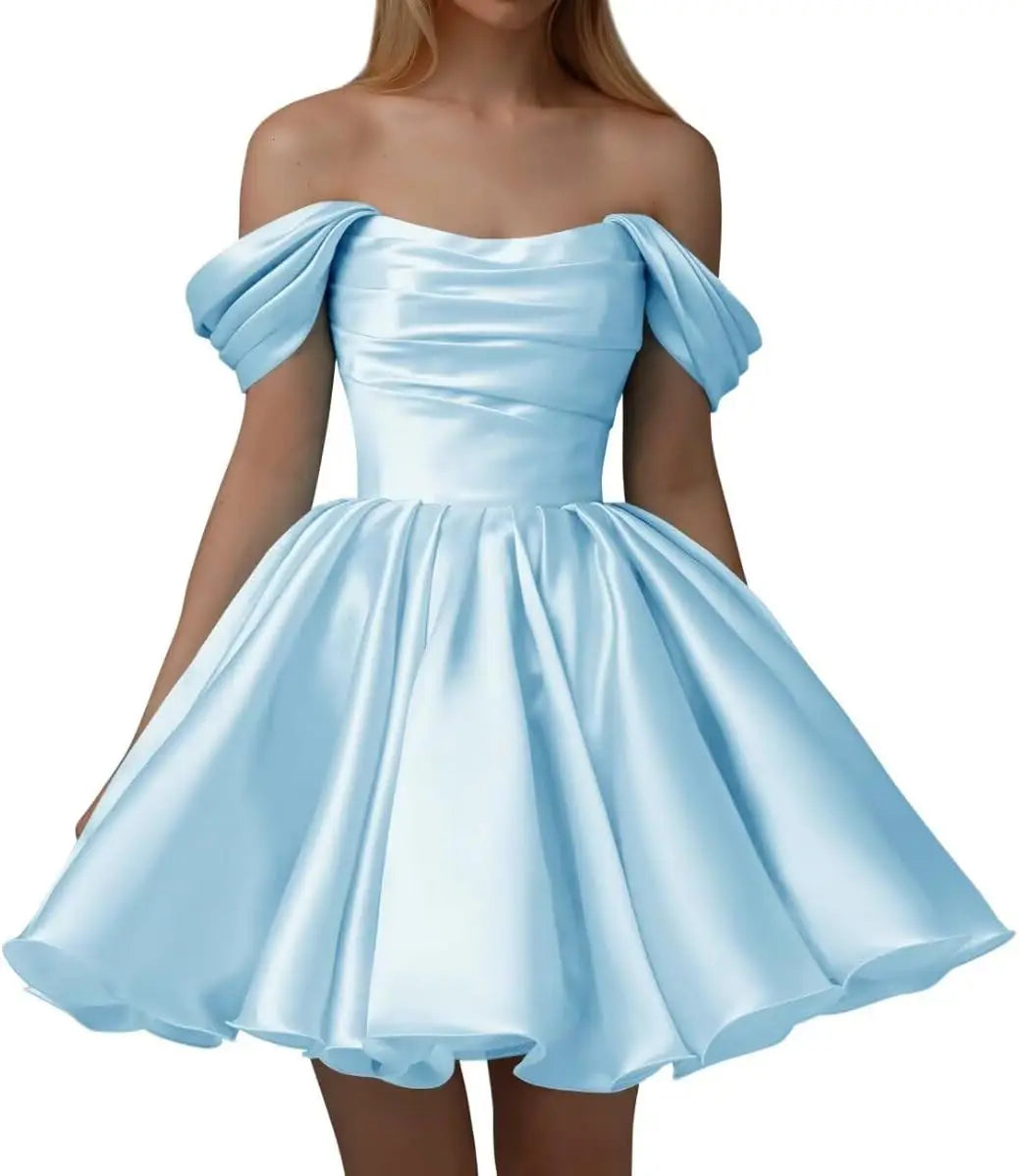 Vestidos de fiesta de satén con hombros descubiertos para mujer, corte A, cortos, plisados, sin tirantes, para boda y fiesta. 