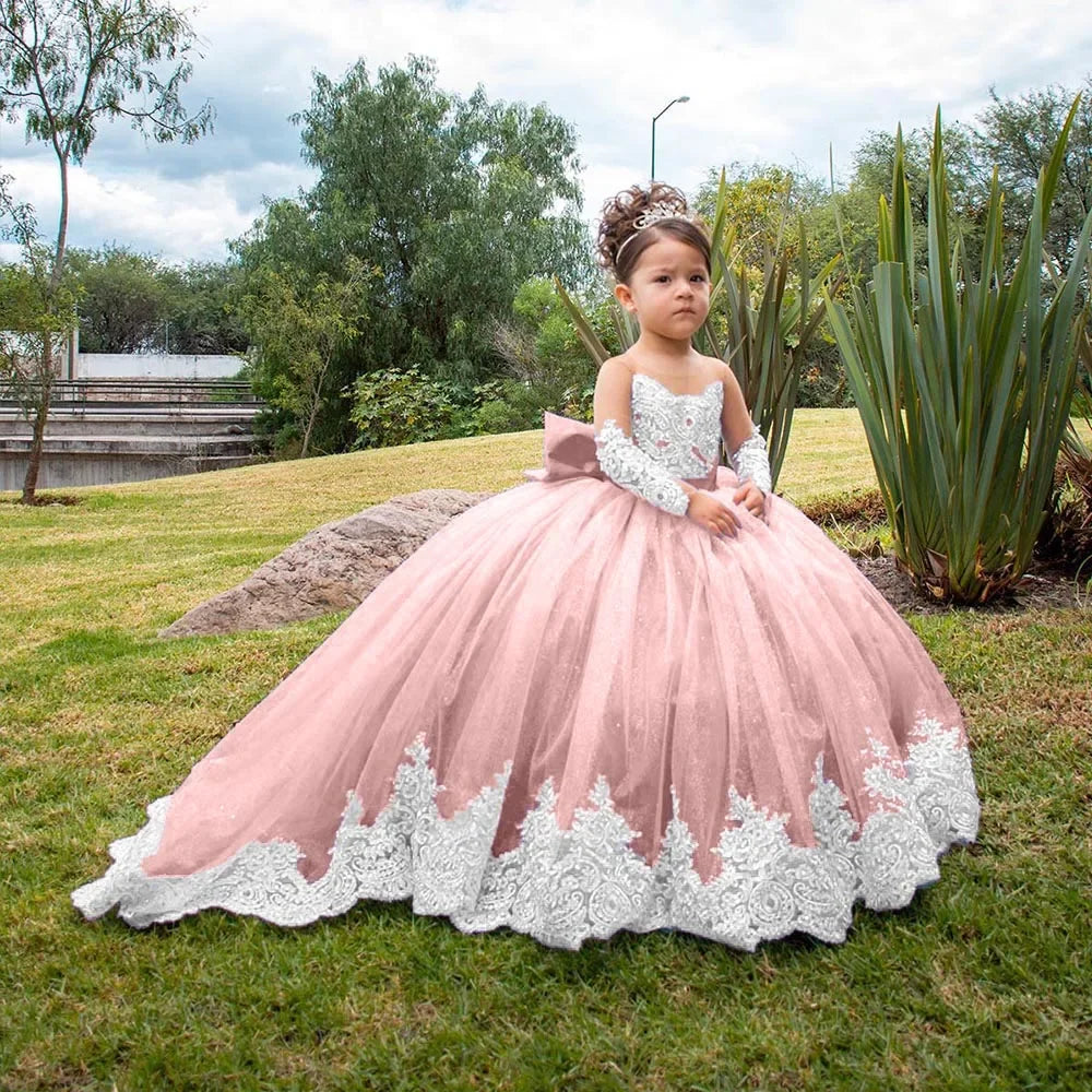 Volle Ärmel Bodenlangen Elegante Mädchen Kinder Geburtstag Party Kommunion Party Kleid Spitze Applikationen Blumenmädchen Kleider für Hochzeit 