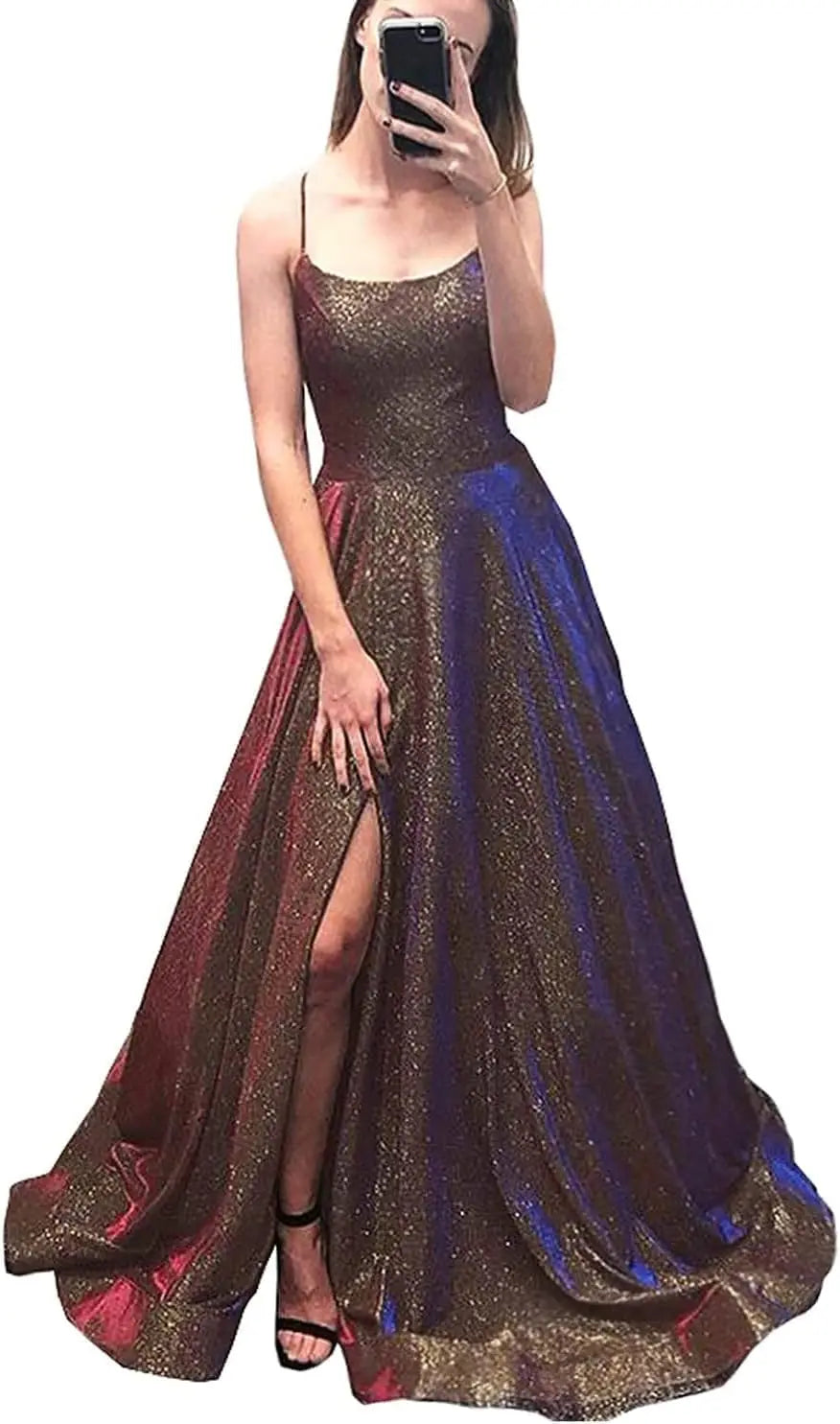 Vestidos de fiesta con purpurina para mujer, 2025, con tirantes finos abiertos, largos, formales, para noche, boda, fiesta, baile, con bolsillos 