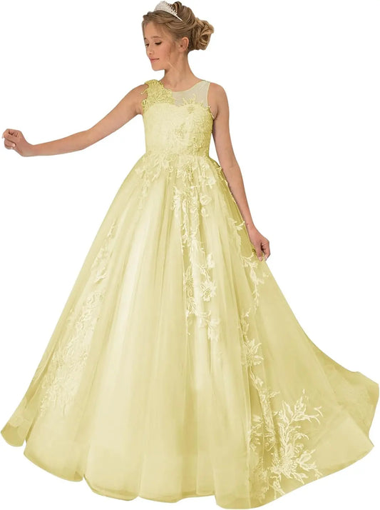 Vestido de princesa de tul con encaje para niña de las flores, para boda, apliques, vestido de princesa para desfile, vestido largo de fiesta con mangas tipo capa 