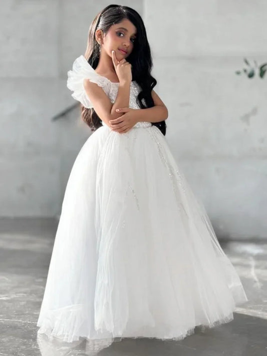 Vestidos de tul blanco con lentejuelas y flores sin mangas para bodas, fiestas de cumpleaños, comuniones y niñas de las flores. 