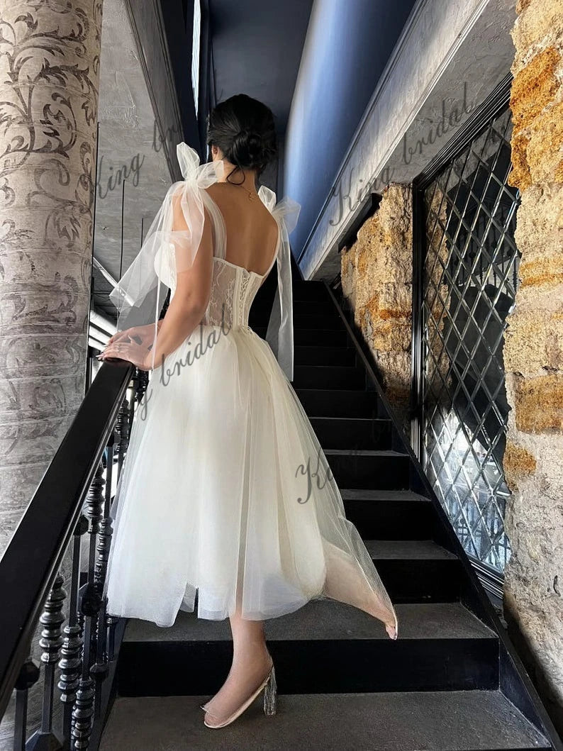 Vestidos de novia cortos de playa de tul con encaje, vestido de novia sencillo, vestido de novia blanco para mujer 2025 