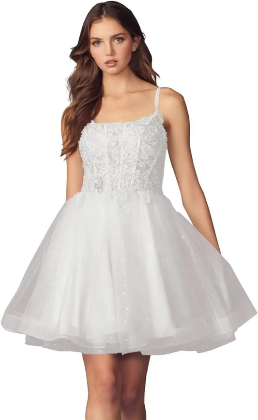 Kurzes Homecoming-Kleid mit Spitzenapplikationen aus Tüll für Teenager mit Spaghettiträgern, Cocktail-, Abschlussball- und Partykleider 
