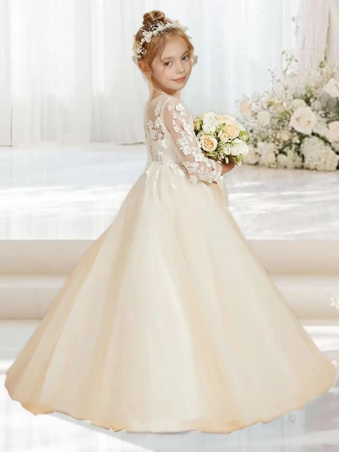 Elegantes Blumenmädchenkleid aus Tüll in A-Linie mit Applikationen, Erstkommunionkleider mit Ärmeln, Festzugs-Prinzessinnen-Partykleider 