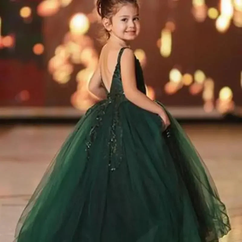 Hermosos vestidos de primera comunión verde oscuro para niña de las flores, vestidos para boda con lentejuelas abullonadas y tirantes, para fiesta de cumpleaños infantil. 
