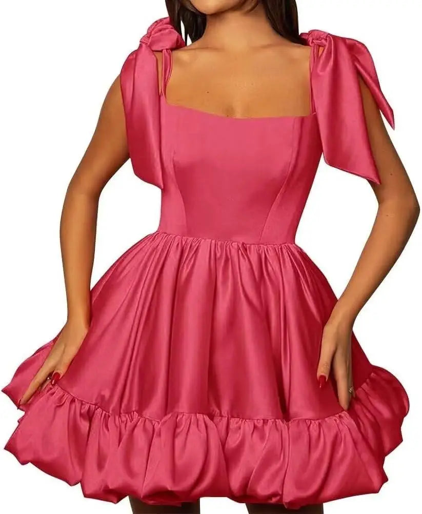 Women’s A-line Puffy Straps Sleeveless Formal Party Gown Teens Satin Short Homecoming Cocktails Dress