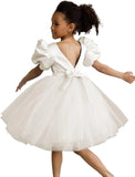 Vestidos de tul con mangas abullonadas para niña de las flores, para bodas, cumpleaños, fiestas, satén y tul con lazo. 