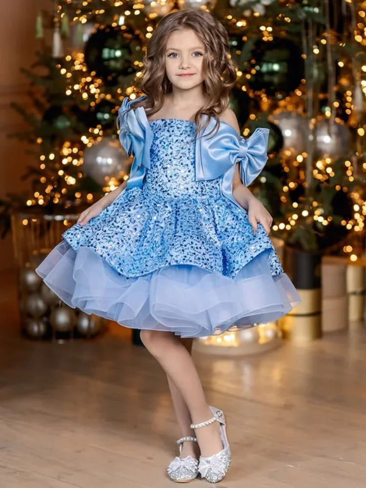 Pink Tulle Sequin With Bow Sleeveless For Wedding Prom Birthday Party Banquet Holy Communion Gown Customized Flower Girl Dress