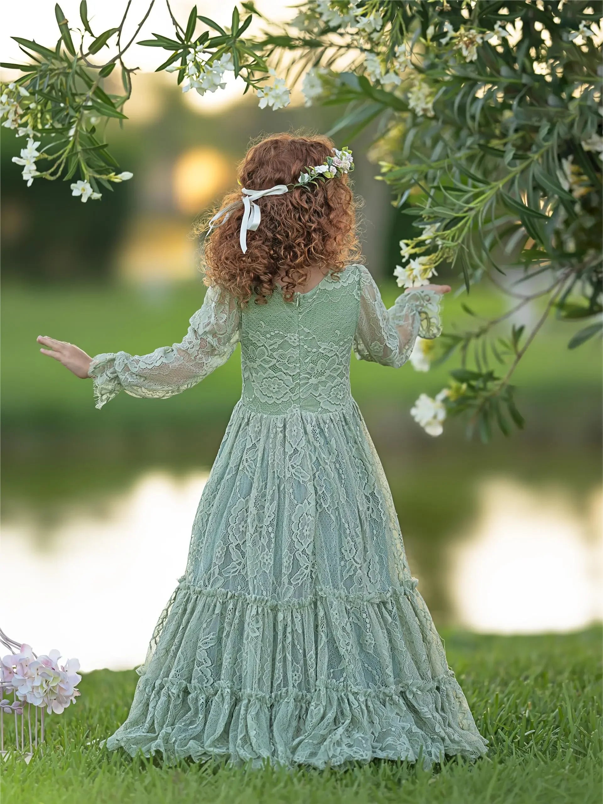 Festzugskleid für Hochzeiten, Spitzenapplikationen, bodenlang, Geburtstagsfeier, Erstkommunionkleider, individuell gestaltete grüne Blumenmädchenkleider 