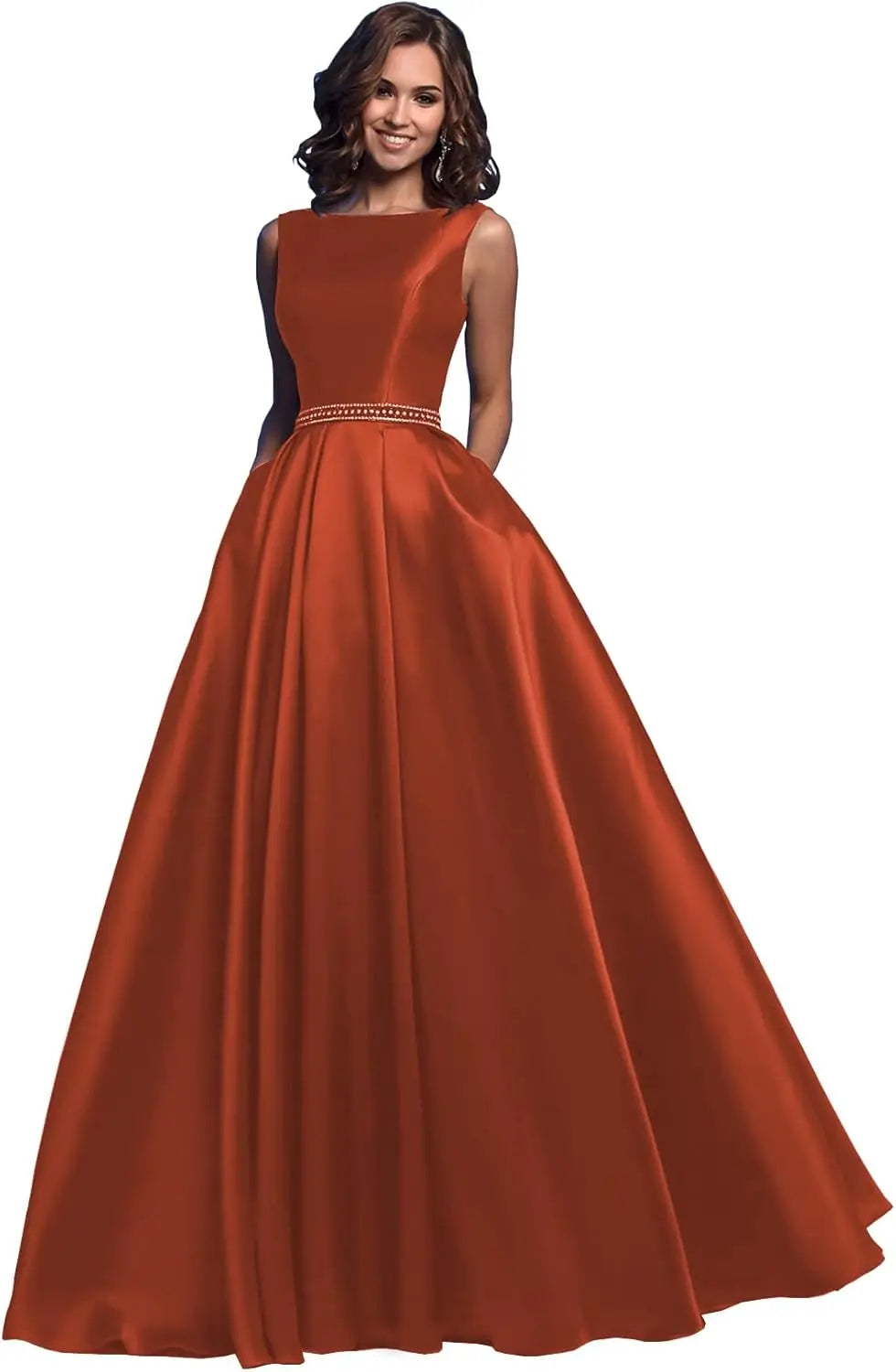 Damen A-Linie Satin Ballkleid Langes Ballkleid Gerafftes Perlenbesetztes Abendkleid Formales Partykleid mit Taschen 
