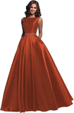 Damen A-Linie Satin Ballkleid Langes Ballkleid Gerafftes Perlenbesetztes Abendkleid Formales Partykleid mit Taschen 