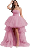 High Low Tüll Ballkleider Lange trägerlose gestufte Abendkleider A-Linie Abendkleid mit Schleppe Partykleider Damen Abend 