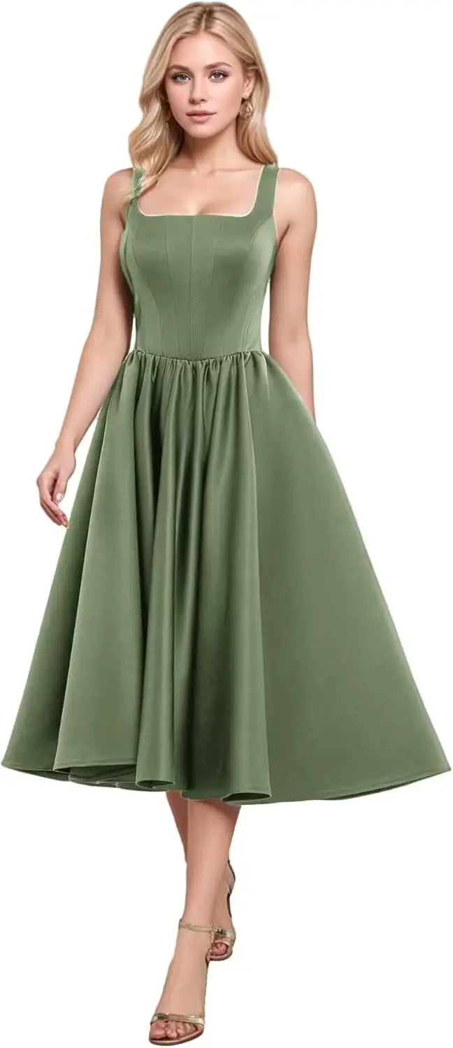A-Line Pleated Tea-Length Satin Homecoming Dress,Spaghetti Straps Ruffled Formal Prom Dress Party Gown for Women