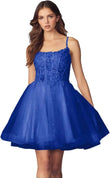 Kurzes Homecoming-Kleid mit Spitzenapplikationen aus Tüll für Teenager mit Spaghettiträgern, Cocktail-, Abschlussball- und Partykleider 