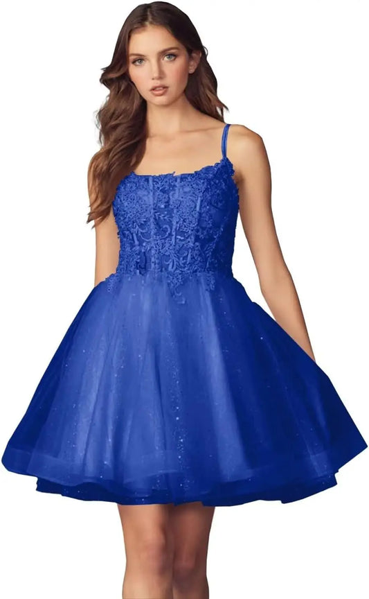 Kurzes Homecoming-Kleid mit Spitzenapplikationen aus Tüll für Teenager mit Spaghettiträgern, Cocktail-, Abschlussball- und Partykleider 