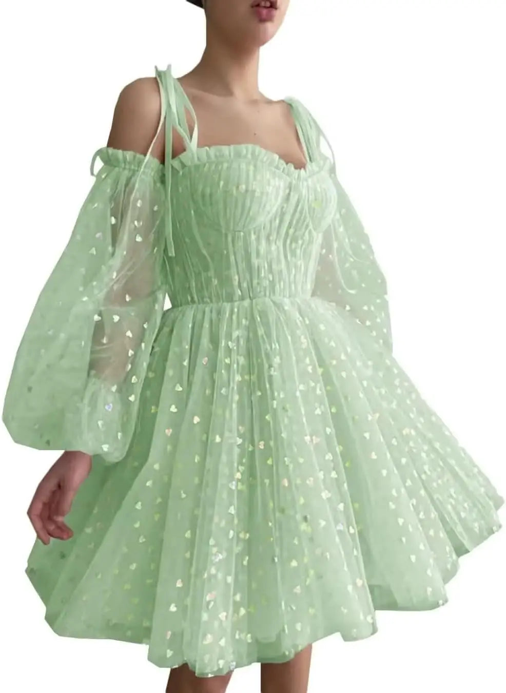 Hübsches Herz, kurzes Tüll-Heimkehrkleid für Teenager, Puffärmel, Mini-Spaghettiträger, formelles Abendkleid, Party-Cocktailkleid 