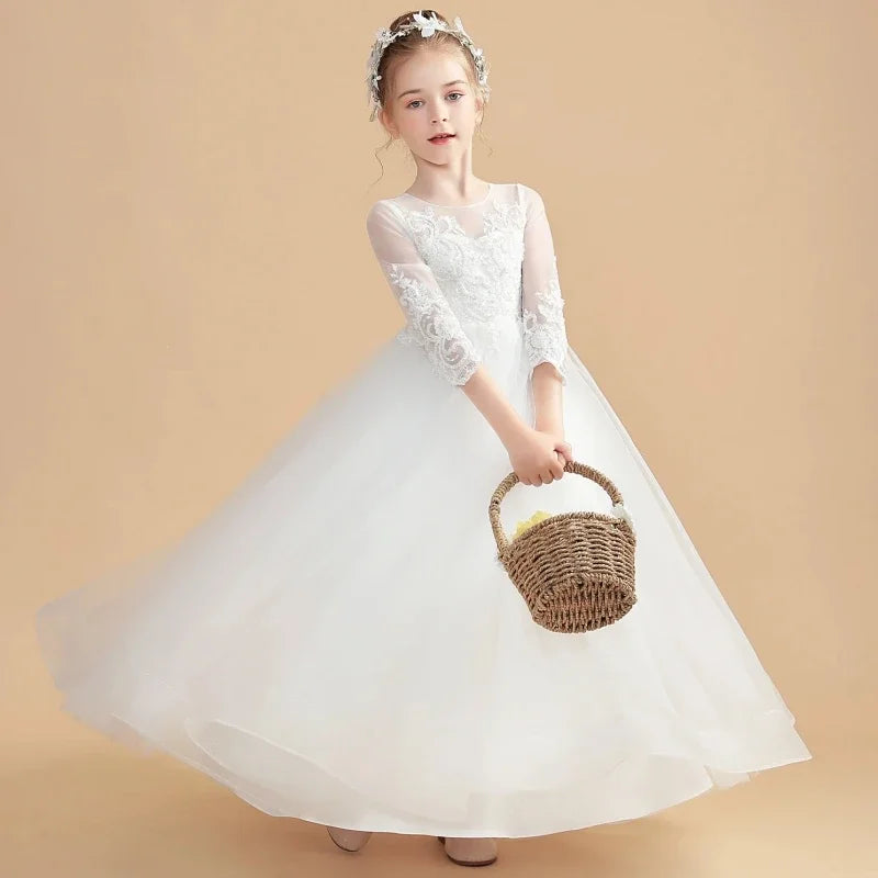 2025 Birthday Party Holy Communion Gowns Flower Girl Dresses White Tulle Flory Appliques 3/4 Sleeve For Wedding