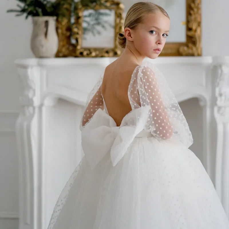 Birthday Banquet First Communion Gowns Flower Girl Dresses White Tulle Polka Dot Skirt With Bow Long Sleeve For Wedding